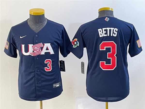 Youth Mexico Baseball #3 Mookie Betts 2023 Navy World Baseball Classic With Patch Stitched Jersey
